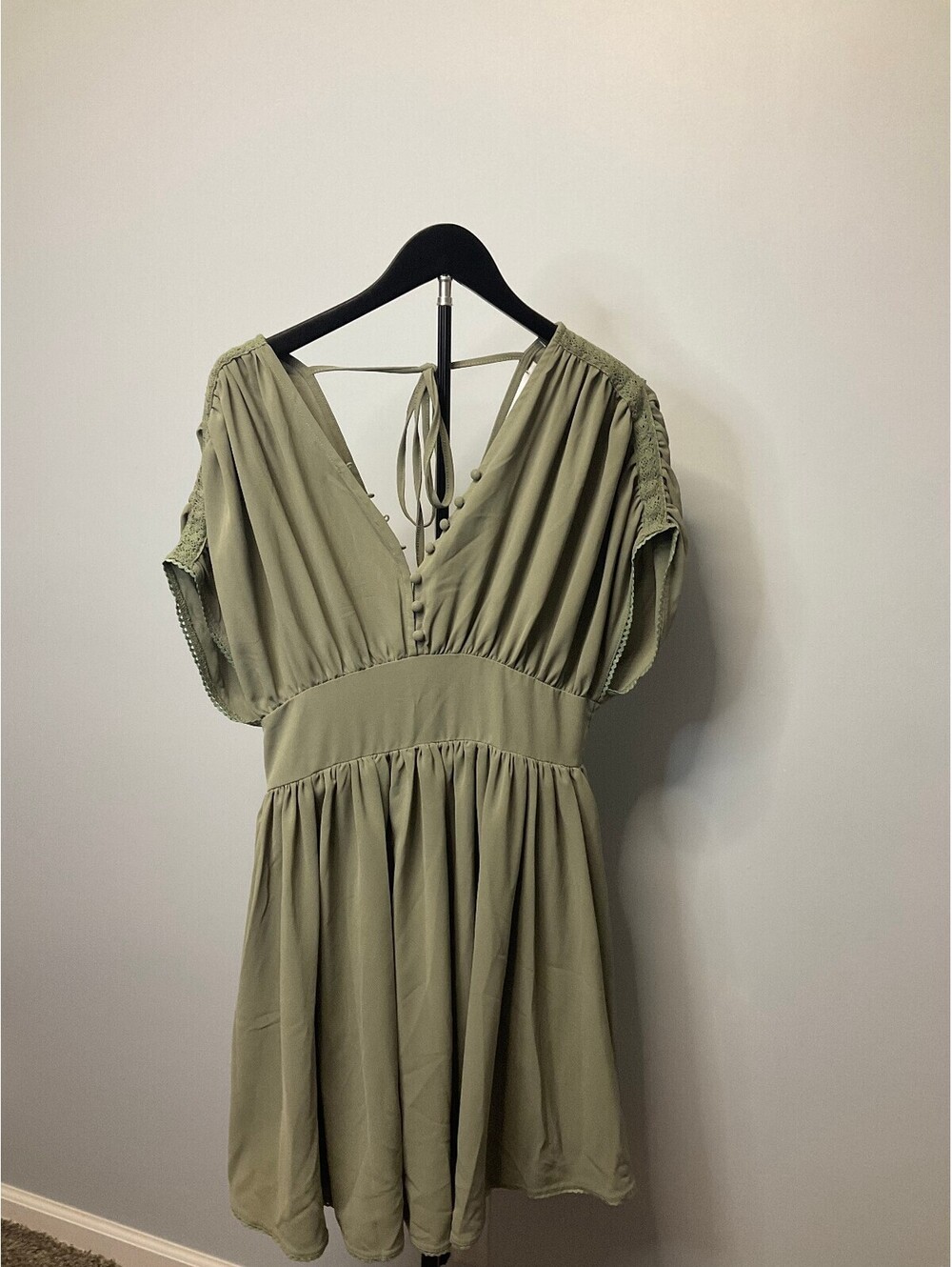 Fashion Olive Midi Dress Women's Large V-Neck Babydoll